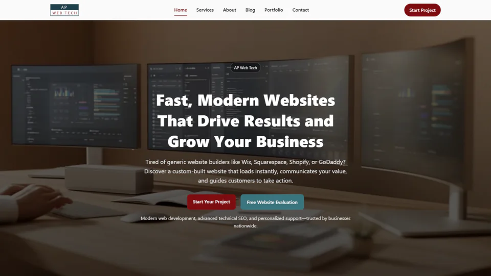 Desktop screenshot of the AP Web Tech homepage with a service-focused headline and project-start and website-evaluation calls to action.