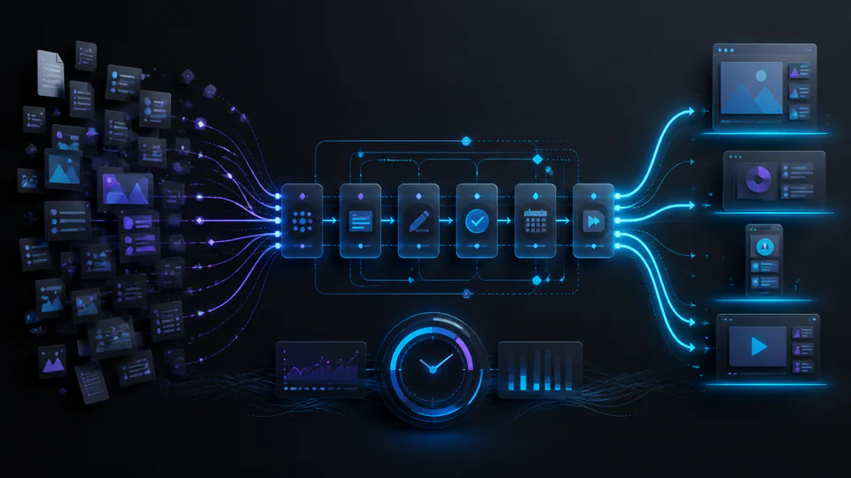 Conceptual illustration of scattered documents and media flowing through editing, approval, scheduling, and publishing into multiple digital channels.