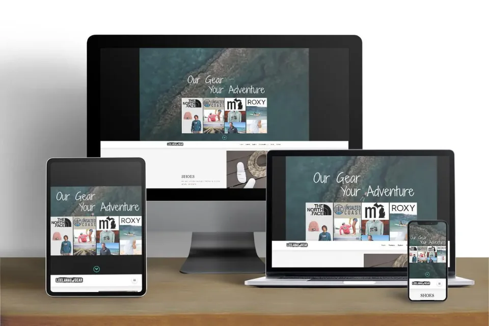 Responsive desktop, tablet, and phone mockups displaying the Leelanau Gear storefront and outdoor retail brands.