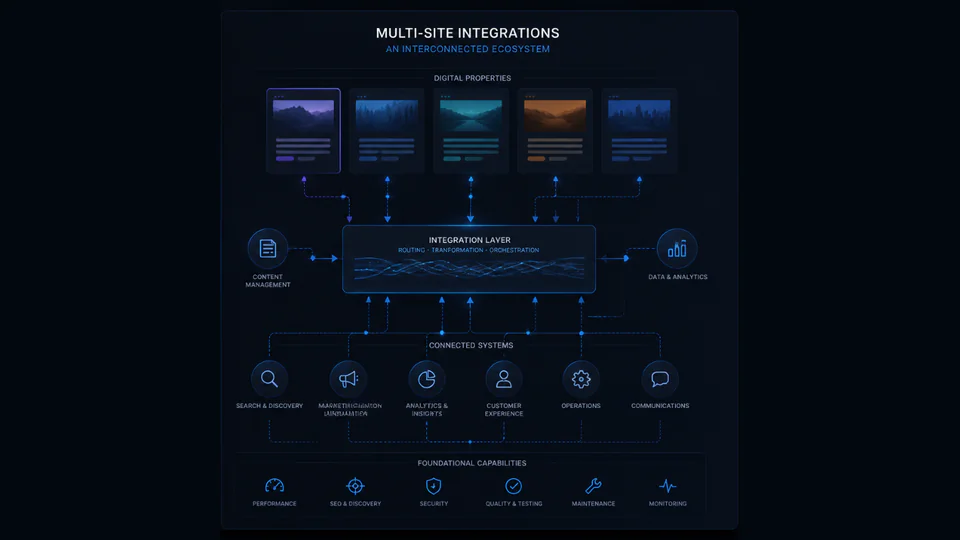 Conceptual illustration of multiple digital properties connected through a central integration layer to content management, analytics, and supporting systems.