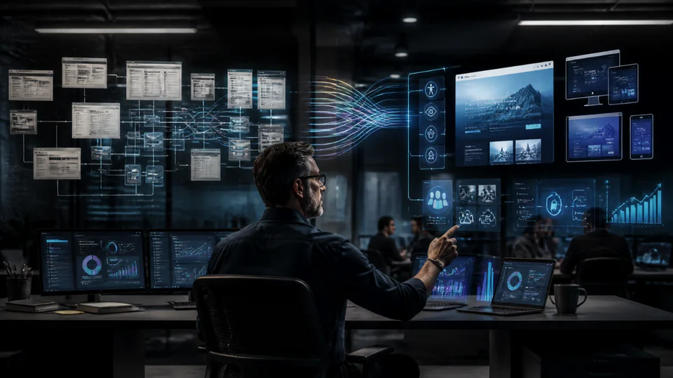 Conceptual illustration of legacy website interfaces being consolidated into a modern platform with analytics dashboards.